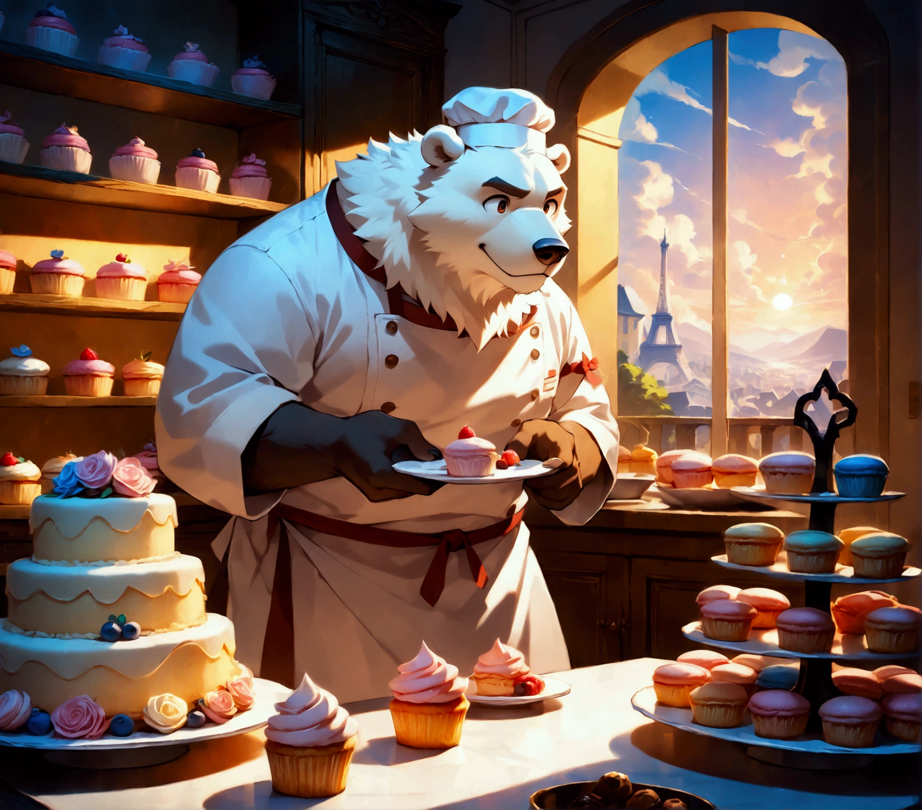 pastry chef, a plump middle-aged polar bear man, full body in Michelangelo Buonarroti style, digital illustration anime, character focus, full body, looking away, dynamic angle, BREAK happy, little smile, chef's hat, costume, boots, cook a cake, a beautiful pastel-colored patisserie, intricate and delicate cakes, delicate floral decorations, perfectly arranged dessert display, assorted fruits, sugar flowers, macarons, cupcakes, tarts, sweet treats, dynamic pose, detailed painting landscape, morning, patisserie, kitchen, indoor, france, BREAK complete anatomy, perfect proportions, beautiful thigh gap, fluffy body, intricate fur details, beautiful fur texture, BREAK detailed polar bear tail, detailed boots, detailed hands, 5fingers, 5fingers nails, BREAK aesthetic anime face, insanity detailed face, male face, big face, square jawline, aesthetic anime eyes, detailed brown eyes, detailed brown cornea, detailed dark brown irises, detailed pupils, male eyes, big eyes, male eyebrows, innocent look, beautiful beard, BREAK masterpiece, official art, best quality, very aesthetic, absurdres, super fine illustration, great quality, BREAK noise reduction, very highres, large filesize, high quality, 32K, 8k wallpaper, dynamic lighting, BREAK insanity detailed, ultra detailed, intricate details, extremely detailed, detailed texture, an extremely delicate and beautiful, full color, HDR, BREAK e621 uncut tag, Fur Affinity illustration, osukemo, kemohomo, anthropomorphic, furry, cartoon, harmonious, pastoral, virtuous