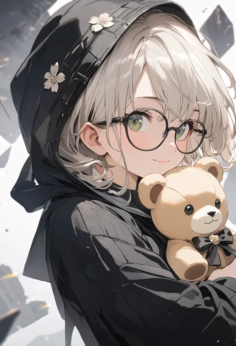 1girl\(cute, kid, white skin, pale skin,(wearing ((simple)) black hood:1.4),(black robe\(hood,white embroidery flower pattern, at edge\):1.3), ((white frilly dress)), (wearing black glasses:1.4), (((green eyes))), black boots, white hair, bangs, short bob hair,smile, holding teddybear\(brown,fluffy\),dynamic pose\), BREAK ,isometric view, BREAK ,quality\(masterpiece, best quality,8k,wallpaper of extremely detailed CG unit, high resolution, top-quality, top-quality real texture skin, hyper realistic, increase the resolution, RAW photos, best quality, highly detailed, the wallpaper,golden ratio\),dynamic angle