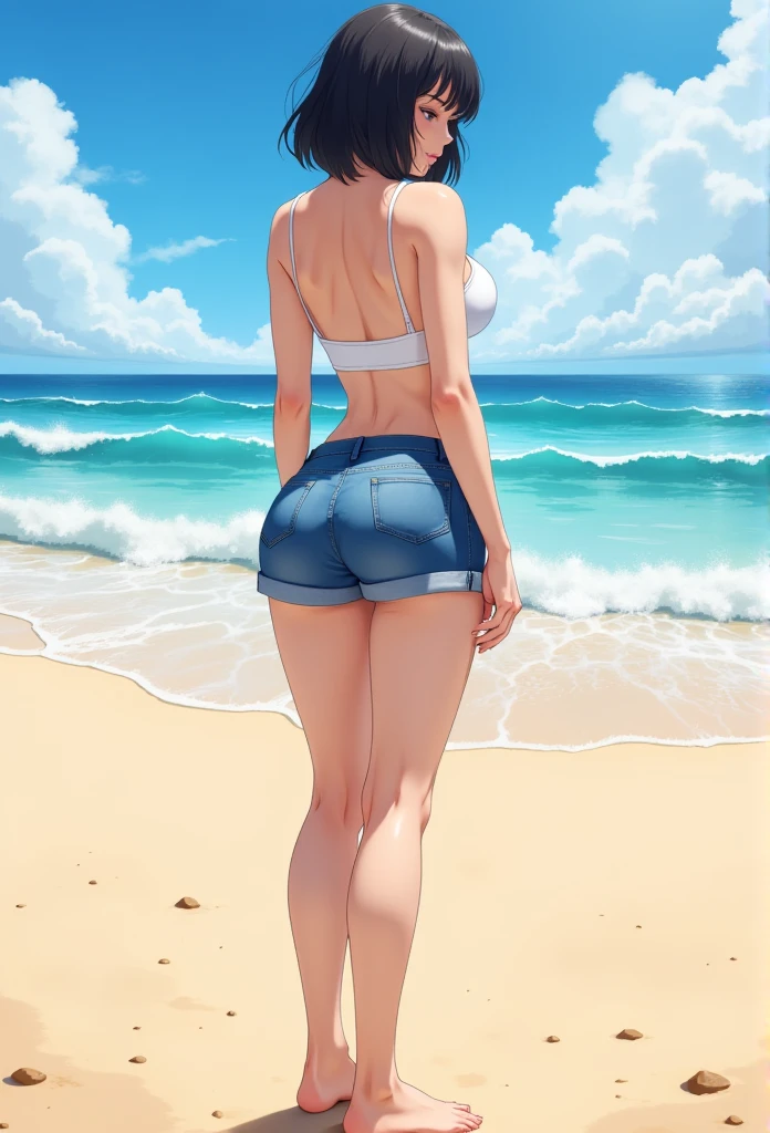 An anime illustration of a woman wearing denim shorts., from behind, bare feet, Crop top, short black hair and bob, round ass, On the beach