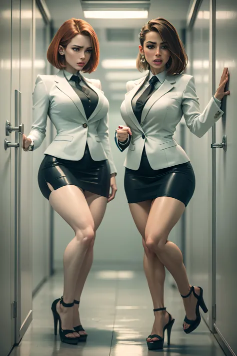 redhead, bob haircut, two girls, sexy secretary, muscular legs, muscular calves, strong legs, muscular hips, wide thighs, curvy ...