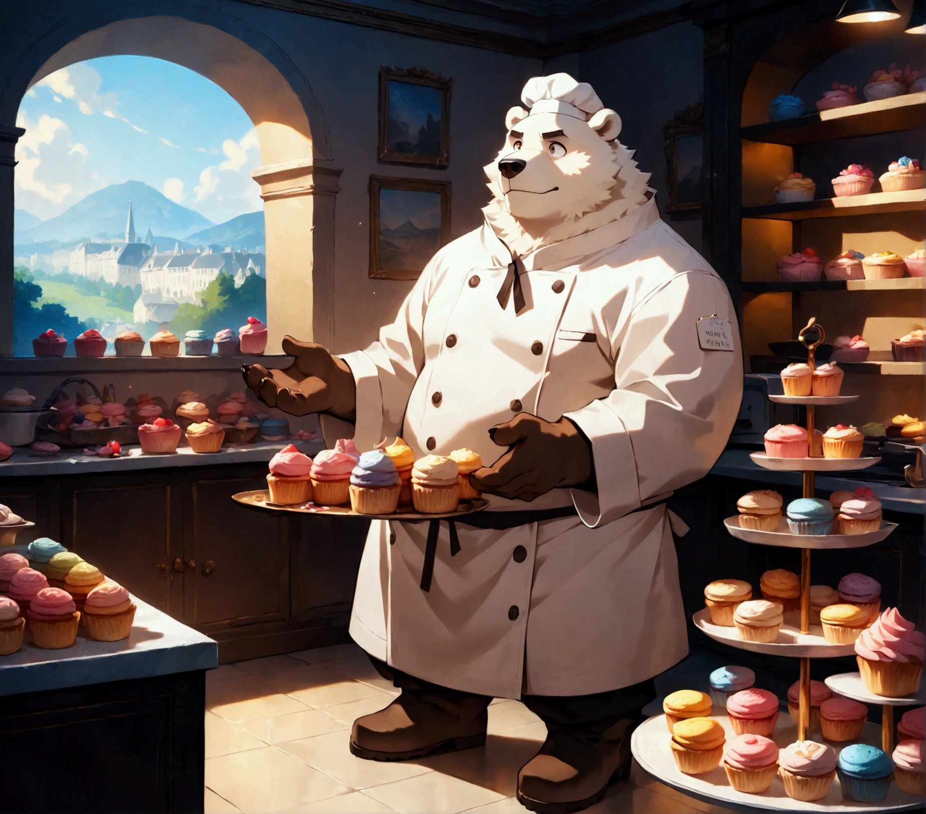 pastry chef, a plump middle-aged polar bear man, full body in Michelangelo Buonarroti style, digital illustration anime, character focus, full body, looking away, dynamic angle, BREAK happy, little smile, chef's hat, costume, boots, cook a cake, a beautiful pastel-colored patisserie, intricate and delicate cakes, delicate floral decorations, perfectly arranged dessert display, assorted fruits, sugar flowers, macarons, cupcakes, tarts, sweet treats, dynamic pose, detailed painting landscape, morning, patisserie, kitchen, indoor, france, BREAK complete anatomy, perfect proportions, beautiful thigh gap, fluffy body, intricate fur details, beautiful fur texture, BREAK detailed polar bear tail, detailed boots, detailed hands, 5fingers, 5fingers nails, BREAK aesthetic anime face, insanity detailed face, male face, big face, square jawline, aesthetic anime eyes, detailed brown eyes, detailed brown cornea, detailed dark brown irises, detailed pupils, male eyes, big eyes, male eyebrows, innocent look, beautiful beard, BREAK masterpiece, official art, best quality, very aesthetic, absurdres, super fine illustration, great quality, BREAK noise reduction, very highres, large filesize, high quality, 32K, 8k wallpaper, dynamic lighting, BREAK insanity detailed, ultra detailed, intricate details, extremely detailed, detailed texture, an extremely delicate and beautiful, full color, HDR, BREAK e621 uncut tag, Fur Affinity illustration, osukemo, kemohomo, anthropomorphic, furry, cartoon, harmonious, pastoral, virtuous