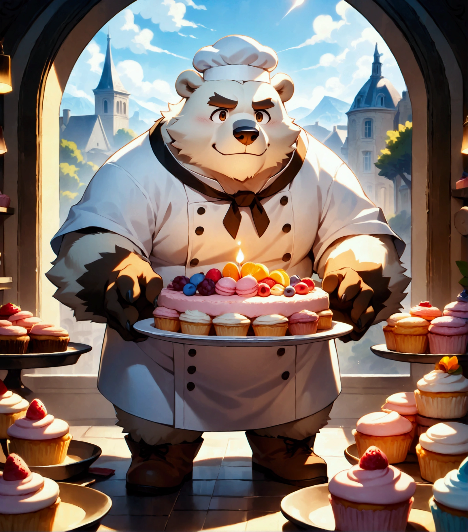 pastry chef, a plump middle-aged polar bear man, full body in Michelangelo Buonarroti style, digital illustration anime, character focus, full body, looking away, dynamic angle, BREAK happy, little smile, chef's hat, costume, boots, cook a cake, a beautiful pastel-colored patisserie, intricate and delicate cakes, delicate floral decorations, perfectly arranged dessert display, assorted fruits, sugar flowers, macarons, cupcakes, tarts, sweet treats, dynamic pose, detailed painting landscape, morning, patisserie, kitchen, indoor, france, BREAK complete anatomy, perfect proportions, beautiful thigh gap, fluffy body, intricate fur details, beautiful fur texture, BREAK detailed polar bear tail, detailed boots, detailed hands, 5fingers, 5fingers nails, BREAK aesthetic anime face, insanity detailed face, male face, big face, square jawline, aesthetic anime eyes, detailed brown eyes, detailed brown cornea, detailed dark brown irises, detailed pupils, male eyes, big eyes, male eyebrows, innocent look, beautiful beard, BREAK masterpiece, official art, best quality, very aesthetic, absurdres, super fine illustration, great quality, BREAK noise reduction, very highres, large filesize, high quality, 32K, 8k wallpaper, dynamic lighting, BREAK insanity detailed, ultra detailed, intricate details, extremely detailed, detailed texture, an extremely delicate and beautiful, full color, HDR, BREAK e621 uncut tag, Fur Affinity illustration, osukemo, kemohomo, anthropomorphic, furry, cartoon, harmonious, pastoral, virtuous