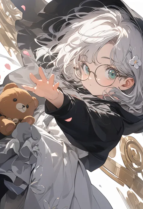 1girl\(cute, kid, white skin, pale skin,(wearing ((simple)) black hood:1.4),(black robe\(hood,white embroidery flower pattern, at edge\):1.3), ((white frilly dress)), (wearing black glasses:1.4), (((green eyes))), black boots, white hair, bangs, short bob hair, holding teddybear\(brown,fluffy\),dynamic pose\), BREAK ,background\(petals\), BREAK ,quality\(masterpiece, best quality,8k,wallpaper of extremely detailed CG unit, high resolution, top-quality, top-quality real texture skin, hyper realistic, increase the resolution, RAW photos, best quality, highly detailed, the wallpaper,golden ratio\),dynamic angle