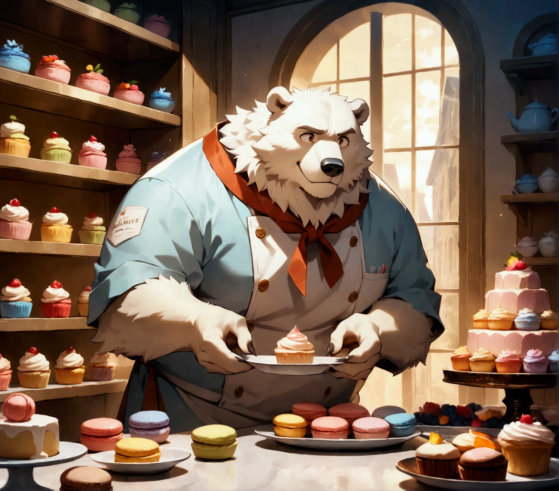 pastry chef, a plump middle-aged polar bear man, full body in Michelangelo Buonarroti style, digital illustration anime, character focus, full body, looking away, dynamic angle, BREAK happy, little smile, chef's hat, costume, boots, cook a cake, a beautiful pastel-colored patisserie, intricate and delicate cakes, delicate floral decorations, perfectly arranged dessert display, assorted fruits, sugar flowers, macarons, cupcakes, tarts, sweet treats, dynamic pose, detailed painting landscape, morning, patisserie, kitchen, kitchen table, indoor, france, BREAK complete anatomy, perfect proportions, beautiful thigh gap, fluffy body, intricate fur details, beautiful fur texture, BREAK detailed polar bear tail, detailed boots, detailed hands, 5fingers, 5fingers nails, BREAK aesthetic anime face, insanity detailed face, male face, big face, square jawline, aesthetic anime eyes, detailed brown eyes, detailed brown cornea, detailed dark brown irises, detailed pupils, male eyes, big eyes, male eyebrows, innocent look, beautiful beard, BREAK masterpiece, official art, best quality, very aesthetic, absurdres, super fine illustration, great quality, BREAK noise reduction, very highres, large filesize, high quality, 32K, 8k wallpaper, dynamic lighting, BREAK insanity detailed, ultra detailed, intricate details, extremely detailed, detailed texture, an extremely delicate and beautiful, full color, HDR, BREAK e621 uncut tag, Fur Affinity illustration, osukemo, kemohomo, anthropomorphic, furry, cartoon, harmonious, pastoral, virtuous