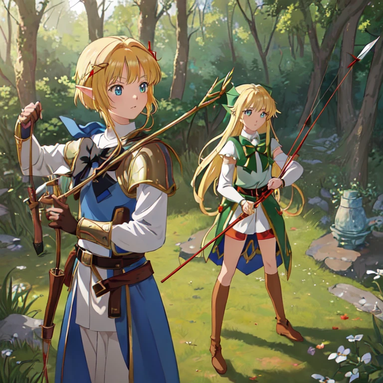 (masterpiece:1.2),(anime),(Medieval Background),(Elf Sisters)、((Preparing the bow)),((Shooting a bow))、Rogue Outfit、(Shooter)、In the woods、((Fantasy)),Fantasy、cute、Light effects,Bow in left hand,Arrow in right hand,Drawing a bow,He has a quiver on his waist,The right hand is placed near the cheek.,Aiming with face tilted