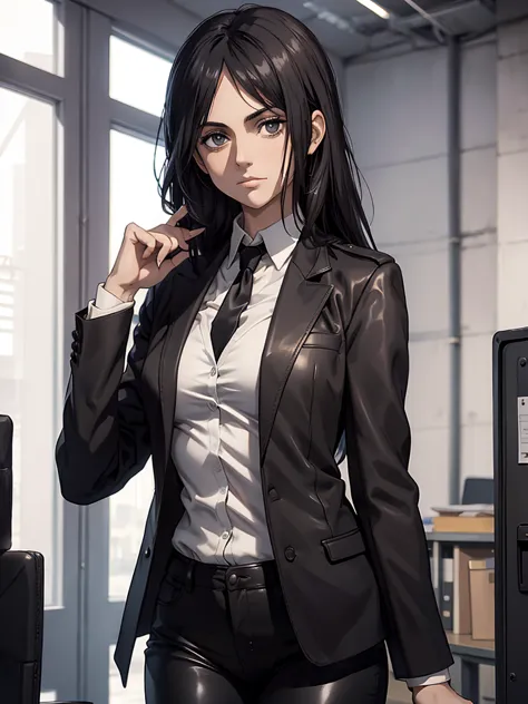 pieck finger, ((master part)), best quality, 1girl, 1girl, solo, office lady, white shirt, black necktie, black leather blazer, ...