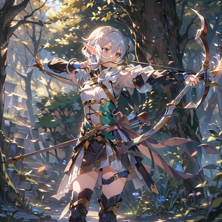 (masterpiece:1.2),(anime),(Medieval Background),(Elf Sisters)、((Preparing the bow)),((Shooting a bow))、Rogue Outfit、(Shooter)、In the woods、((Fantasy)),Fantasy、cute、Light effects,Bow in left hand,He is trying to grab the arrow with his right hand.,Drawing a bow,He has a quiver on his back,Longbow,Held at an angle