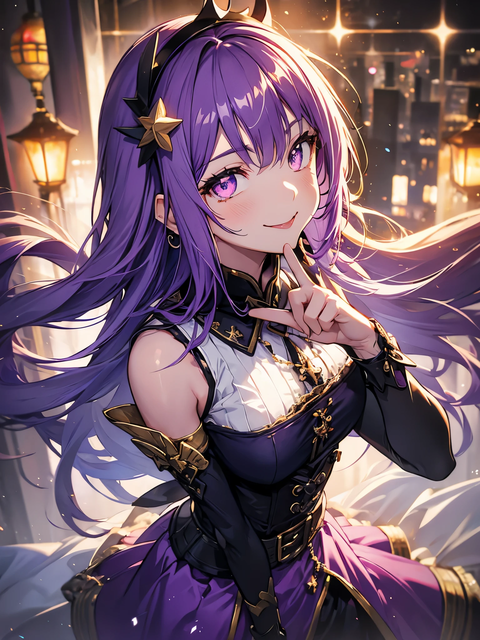 Hosino Ai, gloves, tongue sticking out, tongue, long hair, star (symbol), watch viewer, (purple hair: 1.2), purple eyes, upper body, hair ornament, ruffles, pink shirt, smile, sleeveless, shirt, idol, symbol shaped pupil, hands raised, bangs, one side up, star-shaped pupils, arms raised, dresspull, roaring twenties, isometric, from above, full body, rembrandt, Illustration, detail, depth of field, looking at the viewer, peace sign, hand raised, tongue out, highest quality, high resolution.