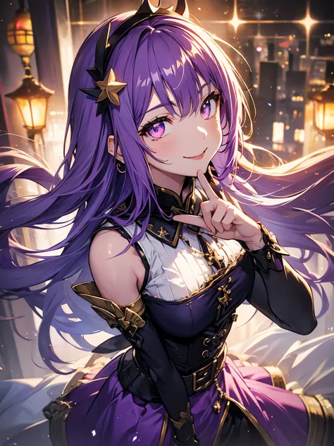 hosino ai, gloves, tongue sticking out, tongue, long hair, star (symbol), watch viewer, (purple hair: 1.2), purple eyes, upper b...