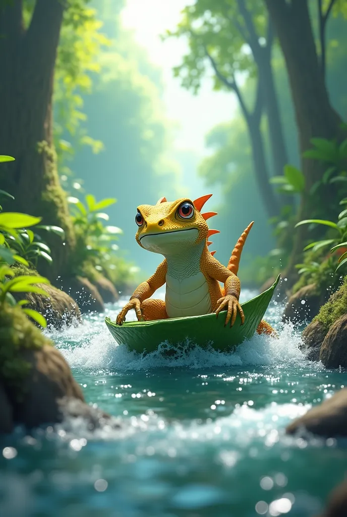 Anime 2.5th Dimension、masterpiece, Best Quality, High resolution, Every detail、animal、(Leaf-surfing lizard)：1.2、Going rafting down a forest stream、Green leaves、