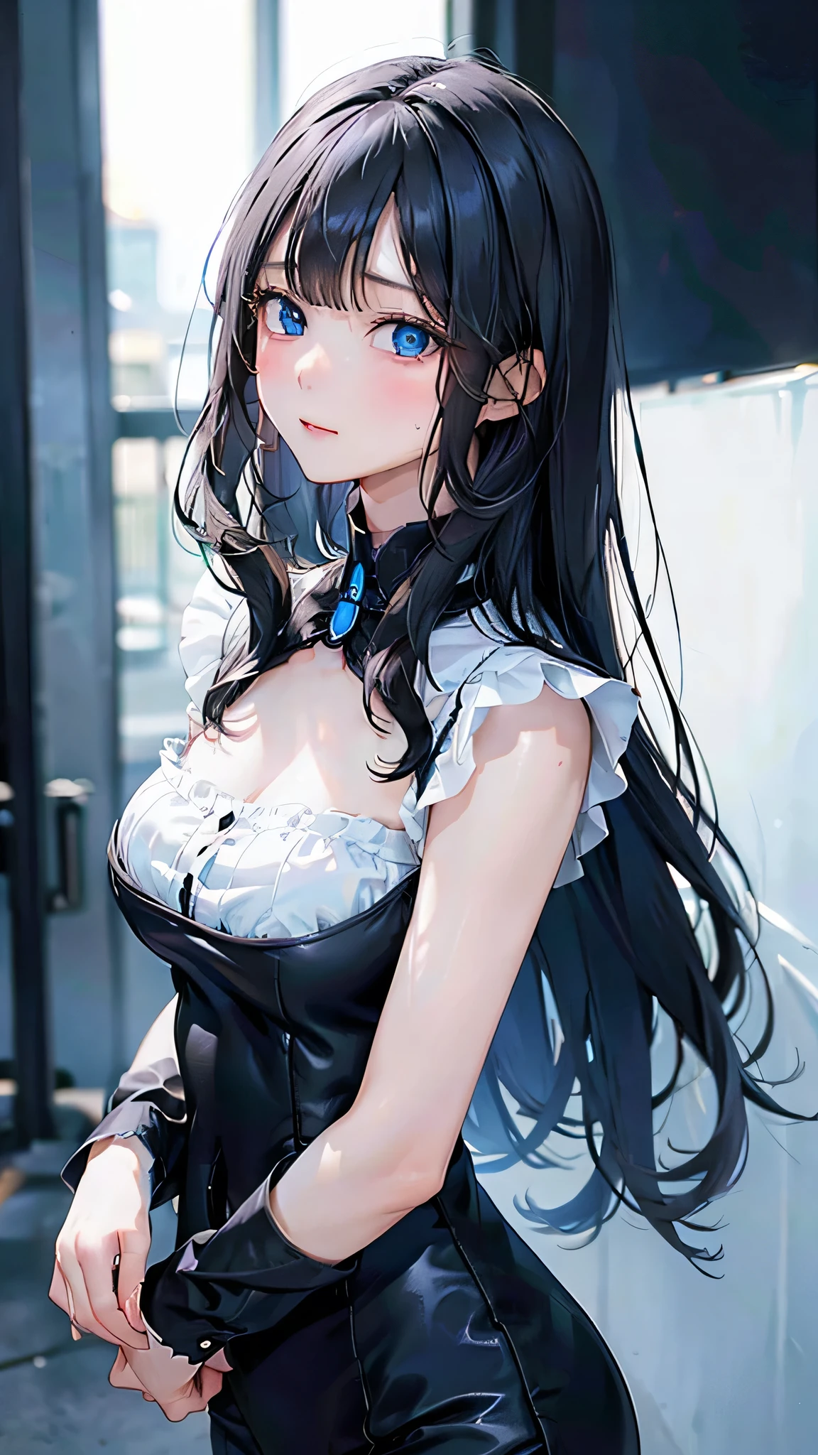 Adult women, Alone, sexy,8k resolution,((Best Quality)),Ultra-high resolution, (Grim face), (Blue eyes), A beautiful, symmetrical face, (Black princess cut long hair,Straight bangs),(White shirt,The chest buttons are open),Black pantsuit,Realistic:1.4,Realistic:1.4,(masterpiece:1.2),Perfect Eyes,Perfect Eyes,Anatomically correct human body,Perfect thighs,Perfect waist