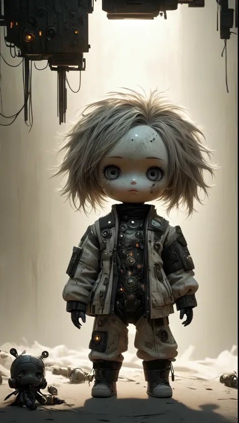 anatomically correct, full body, hyperrealistic panoramic shot:1.4, Anatomically correct:1.3, Intricate and detailed portrait of a boy doll., fantasy character design, fully dressed cyberpunk clothing, Dark and gloomy lighting, spectacular chiaroscuro lighting, film composition, Ashley Wood Style, sandy grunge texture, sharp focus, hyper detailed, 8K, (The best quality:1.2), (photorealistic:1.37). AniPnyXLQuality, HashbinPnyXL, Uhigh definition, masterpiece, anatomically correct, Textured skin, Super detail, High details, high quality, highres, The best quality, high definition, 8K