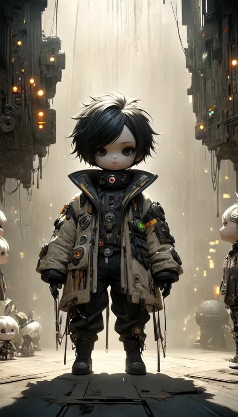 anatomically correct, full body,  anime style panoramic shot:1.4, Anatomically correct:1.3, Intricate and detailed portrait of a boy doll., fantasy character design, fully dressed cyberpunk clothing, Dark and gloomy lighting, spectacular chiaroscuro lighting, film composition, Ashley Wood Style, sandy grunge texture, sharp focus, hyper detailed, 8K, (The best quality:1.2), (photorealistic:1.37). AniPnyXLQuality, HashbinPnyXL, Uhigh definition, masterpiece, anatomically correct, Textured skin, Super detail, High details, high quality, highres, The best quality, high definition, 8K