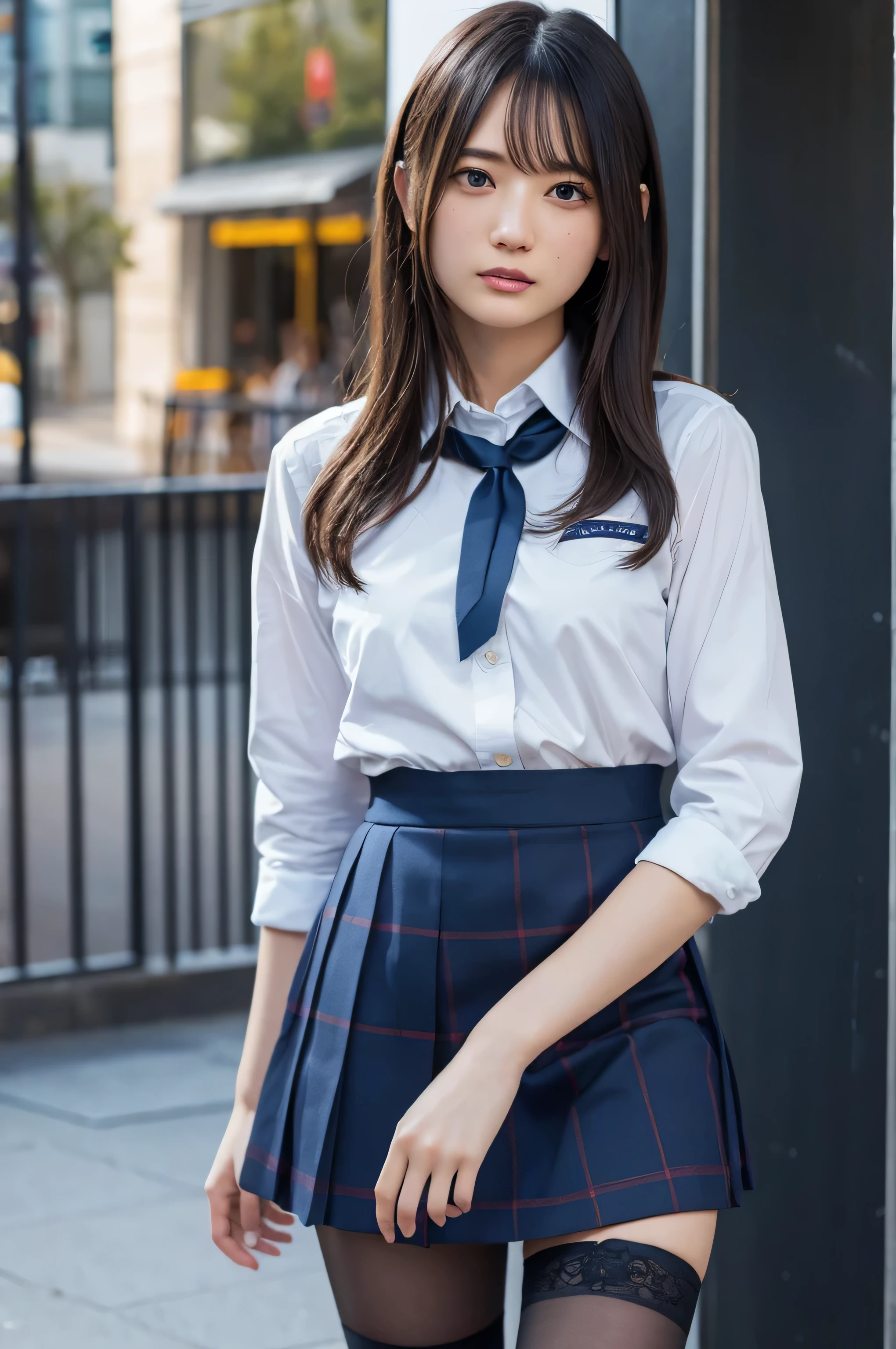 One woman、(Ultra-realistic), (Illustration), (High resolution), (8k), (Very detailed), (Best Illustration),(Original photo, Best Quality), Black Hair, Long Hair, Straight hair, Cover one eye, ribbon, Dark blue eyes, Long eyelashes, Large Breasts, School Uniform, Checkered skirt, mini skirt, Black pantyhose, garter belt, Excited, Panty shot, In town, Midnight Sky, Award-winning, Attention to detail, Super detailed, Textured Skin, Anatomically correct