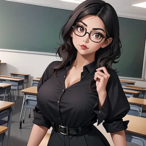 an adorable cute petite short skinny slightly curvy tan skin goth mexican teacher, medium wild volumetric hair, one wearing glas...