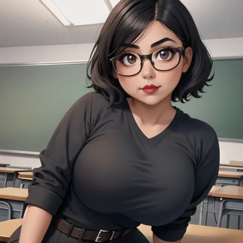 an adorable cute petite skinny slightly curvy chubby tan skin goth mexican teacher, short wild volumetric hair, one wearing glas...