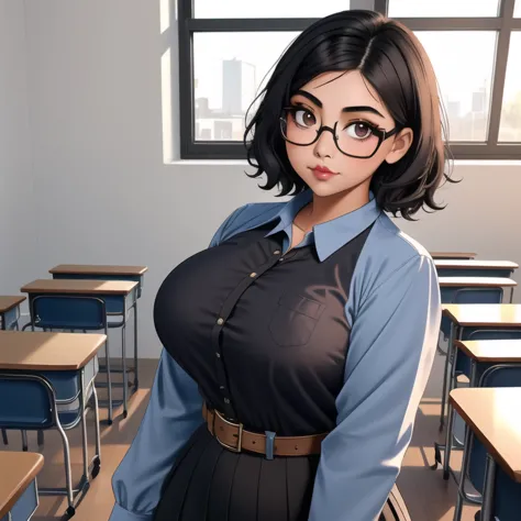 an adorable cute petite skinny slightly curvy chubby tan skin goth mexican teacher, short wild volumetric hair, one wearing glas...