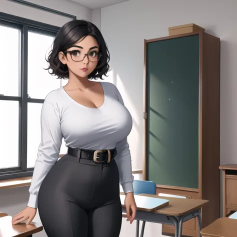 an adorable cute petite skinny slightly curvy chubby tan skin emo mexican teacher, short wild volumetric hair, one wearing glass...