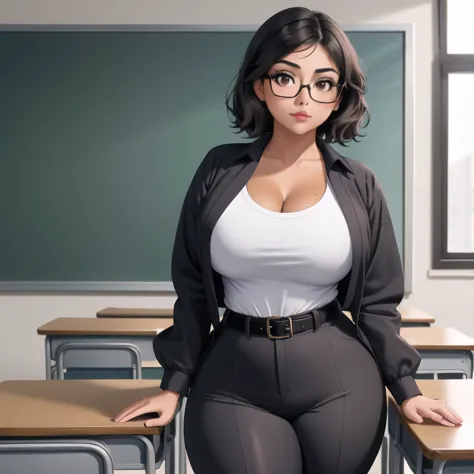 an adorable cute petite skinny slightly curvy chubby tan skin emo mexican teacher, short wild volumetric hair, one wearing glass...