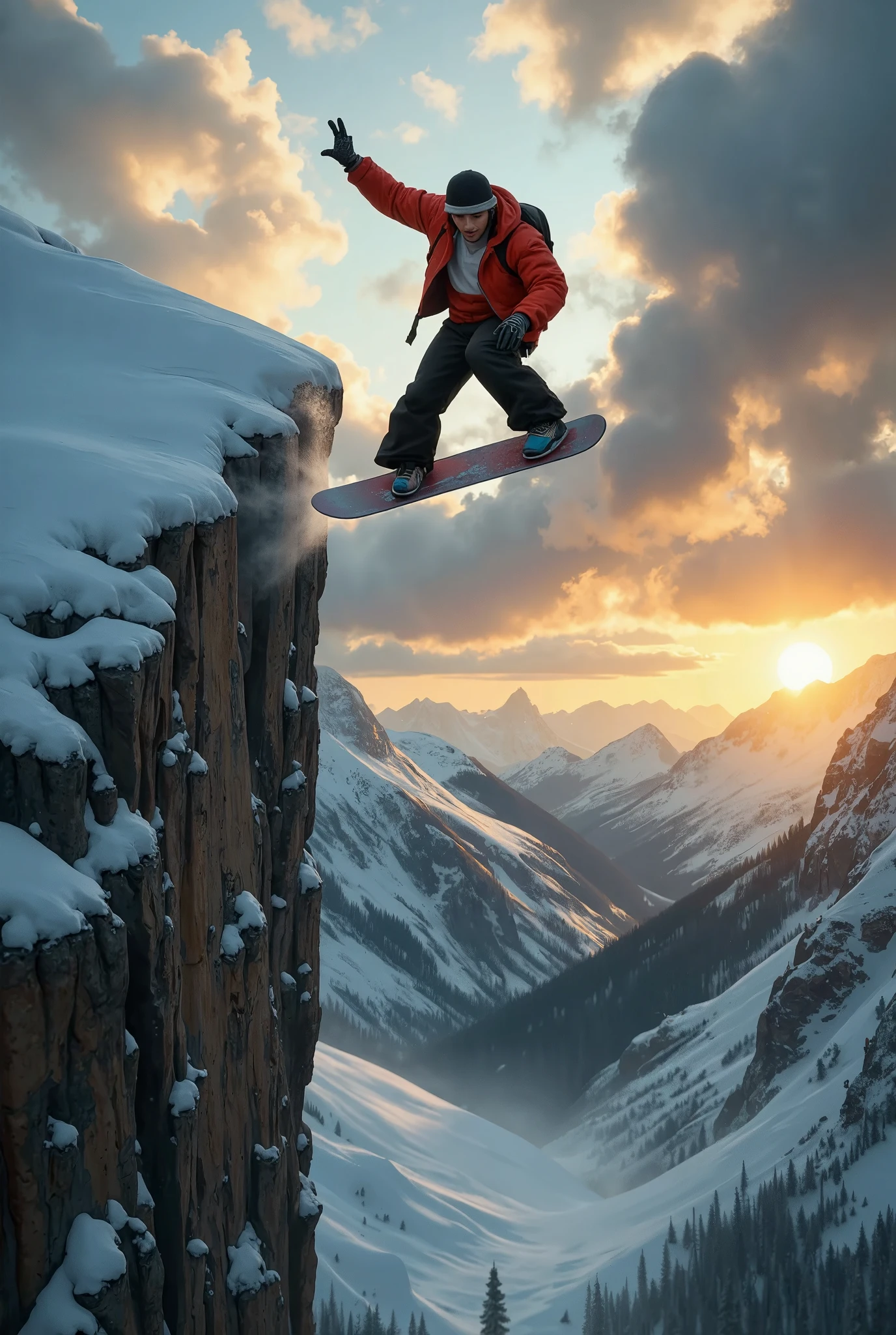 Create an impossibly dramatic, high-fidelity image of an extreme snow surfer, captured from a high-angle, third-person perspective just behind the surfer as they perform an impossible jump off a colossal, snow-covered cliff. The scene is set against a breathtaking, majestic snowy valley, with towering, jagged mountains and vast expanses of untouched snow stretching into the distance. The valley below is shrouded in mist and clouds, emphasizing the immense scale and isolation.

The snow surfer, mid-air, launches off a steep cliff that juts into the open void, with nothing but air beneath them and a dizzying drop into the valley below. The jump’s angle and height are beyond anything possible in real life, showcasing impossible danger. The snowboarder twists through the air, their board cutting through the cold atmosphere. Snow sprays behind, catching the sunlight and creating glistening particles that float like frozen sparks.

The snow surfer wears high-tech, futuristic snow gear, with aerodynamic designs and vibrant colors standing out against the stark white snow. Their stance exudes control and skill, defying the laws of physics in this perilous environment.

The background features an awe-inspiring, panoramic view of the snowy valley, with towering mountains casting long shadows. The clouds swirl around the peaks, partially obscured by mist, as the sun casts a golden light over the snow and icy surfaces.

This image conveys the impossible danger and awe of the jump, with extreme height and hazardous terrain making it clear that no real snowboarder could survive such a stunt. The impossible physics and stunning landscape create a surreal, heart-stopping moment of frozen beauty and ultimate risk.