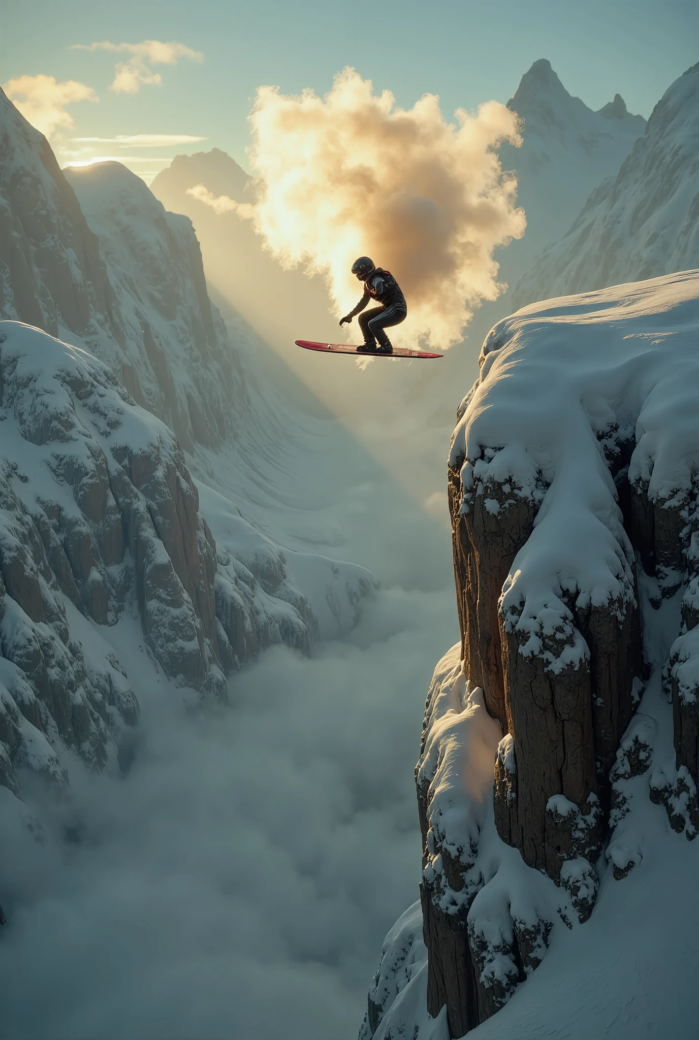 Create an impossibly dramatic, high-fidelity image of a snow surfer captured from a high-angle, third-person perspective just behind them, as they perform a dangerous, impossible jump off a colossal, snow-covered cliff. The background is a breathtaking, majestic snowy valley, with towering, jagged mountains and vast expanses of untouched snow stretching into the distance. The valley below is shrouded in mist, adding to the sense of scale and isolation.

The snow surfer, mid-air, is launching off a sheer cliff, with an extreme drop into the valley below—an impossible feat of danger. Snow kicks up behind them in a dramatic spray, catching the sunlight as they soar through the air. The surfer’s futuristic, high-tech gear adds to the sense of control and precision as they navigate an environment that no one could survive in real life.

The background features a panoramic view of the snowy valley and towering mountains, with swirling clouds and sunlight casting golden highlights on the snow. The impossible physics of the jump and the immense scale of the landscape create a surreal, heart-stopping moment of ultimate risk and beauty, combining awe and danger in a scene that defies reality.