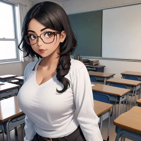 an adorable cute petite skinny slightly curvy chubby tan skin emo mexican teacher, short wild volumetric hair, one wearing glass...