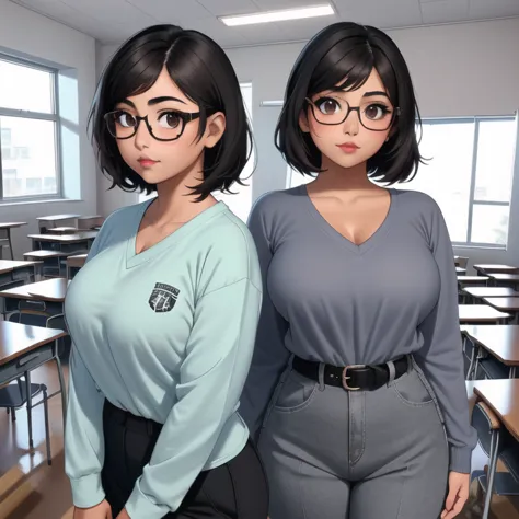 an adorable cute petite skinny slightly curvy chubby tan skin emo mexican teacher, short wild volumetric hair, one wearing glass...