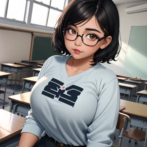 an adorable cute petite skinny slightly curvy chubby tan skin emo mexican teacher, short wild volumetric hair, one wearing glass...