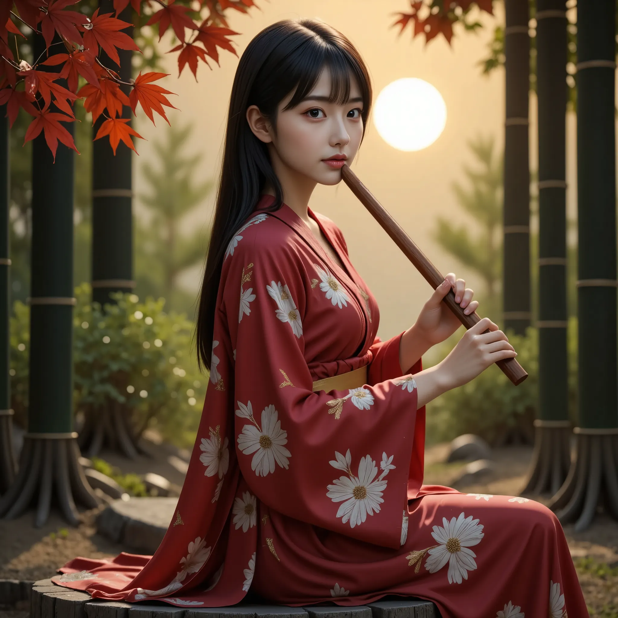 a beautiful young japanese woman plays a wooden flute, cute, princess kaguya, beautiful straight long black hair,　(she is wearin...