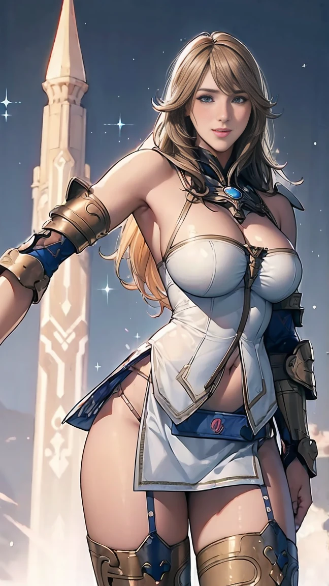 Browsing Caution,Functional, Long blonde hair, Thick thighs, 8k, 4K, Please redeem, (High resolution:1.6), Cute anime face, Noise Reduction, (Sparkling Blue Eyes, A kind smile:1.3, Kind eyes:1.3)、Toned Abs, Muscular arms, Muscular legs,  Young Face, Anime Eyes, Sophitia Alexandra、(Left Arm Shield:1.5)、(SFW Giant:1.9)、(Beautiful Nose:1.5)、[[[[[Long tights、Knee-high boots、(Garter belt:1.5)、Beautiful Hands、Beautiful fingers、(High cut thong:1.5),In the woods、