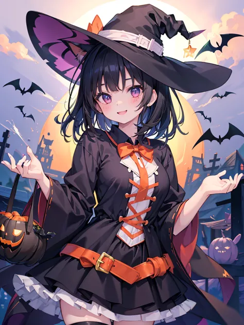 1 girl、anime style painting、smile、black hair、smile、perfect lighting，background blur, written boundary depth，dog ears，halloweenパー...