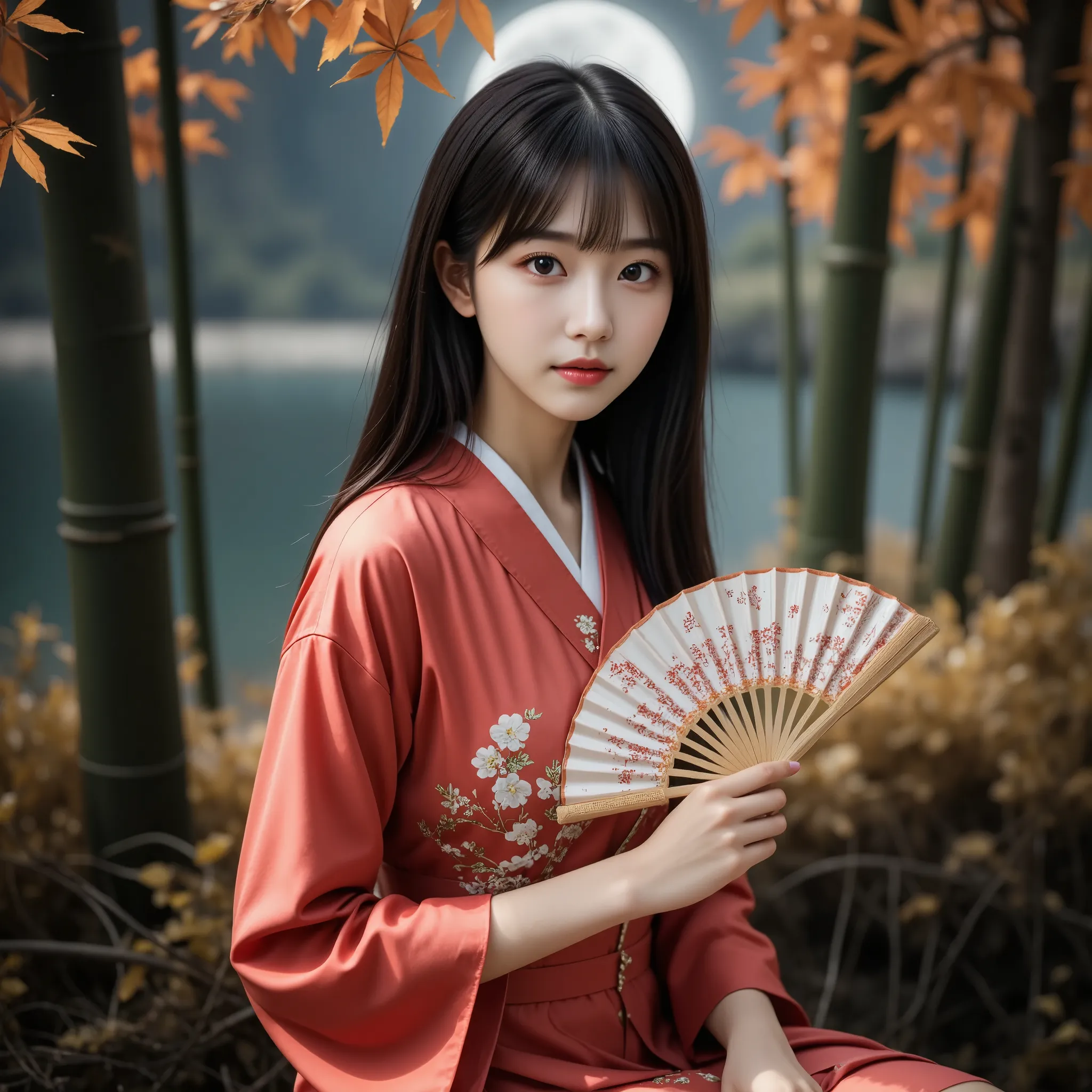 a young beautiful japanese woman holds a fan with a beautiful japanese pattern, cute, princess kaguya, beautiful straight long b...