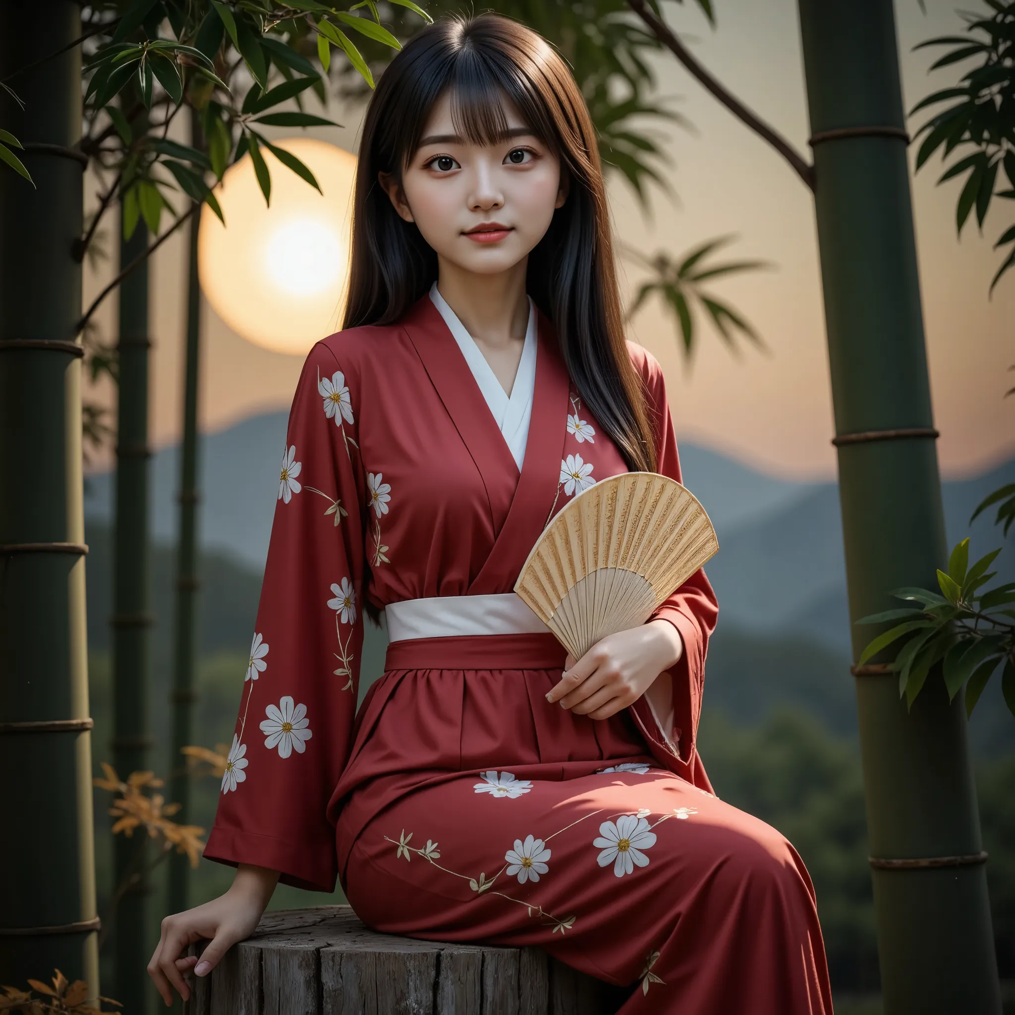 a young beautiful japanese woman holds a beautiful japanese-style fan, cute, princess kaguya, beautiful straight long black hair...