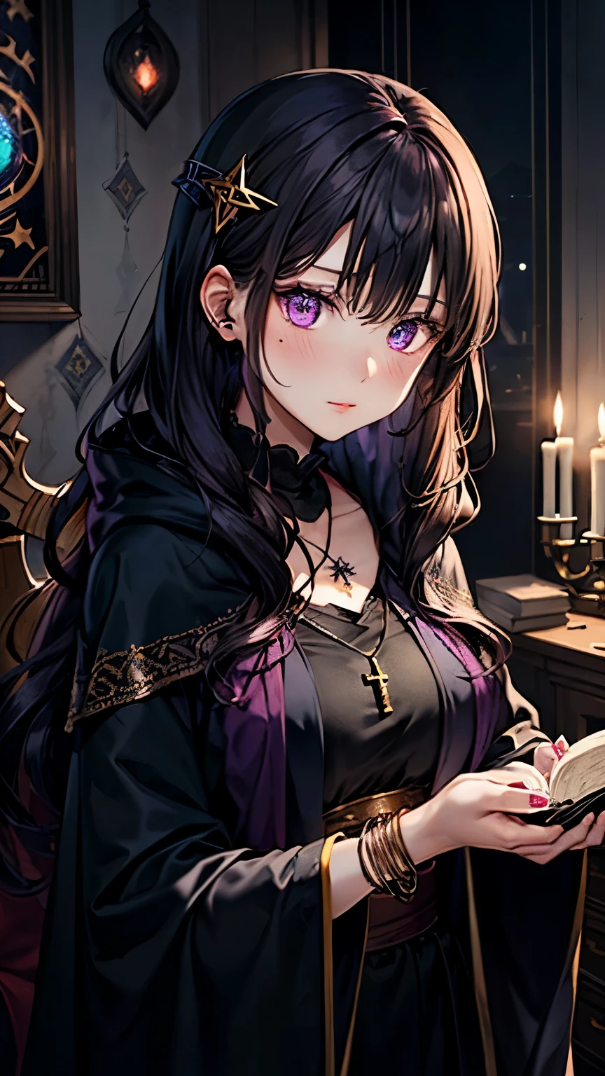 An anime-style girl named Yuumi with a dark and mysterious expression. She has long, wavy dark purple hair and deep purple eyes that seem to hold secrets. Yuumi is wearing a stylish and modern outfit with occult-inspired accessories, such as a pentagram necklace, mystical bracelets, and a cloak adorned with subtle arcane symbols. She stands in a dimly lit room filled with occult artifacts, including ancient books, candles, and mystical symbols etched into the walls. The background features a magical atmosphere with glowing runes and ethereal lighting, highlighting her fascination with the occult. High detail, vibrant colors, mystical ambiance. The illustration depicts her from head to toe.
