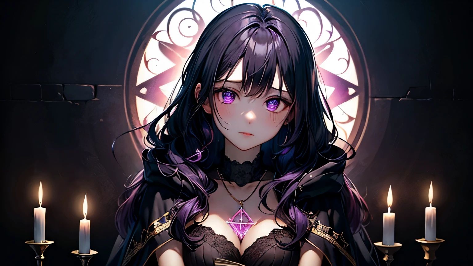 An anime-style girl named Yuumi with a dark and mysterious expression. She has long, wavy dark purple hair and deep purple eyes that seem to hold secrets. Yuumi is wearing a stylish and modern outfit with occult-inspired accessories, such as a pentagram necklace, mystical bracelets, and a cloak adorned with subtle arcane symbols. She stands in a dimly lit room filled with occult artifacts, including ancient books, candles, and mystical symbols etched into the walls. The background features a magical atmosphere with glowing runes and ethereal lighting, highlighting her fascination with the occult. High detail, vibrant colors, mystical ambiance. The illustration depicts her from head to toe.
