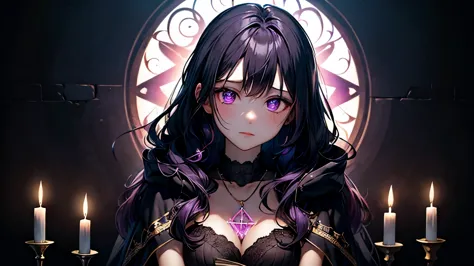 an anime-style girl named yuumi with a dark and mysterious expression. she has long, wavy dark purple hair and deep purple eyes ...