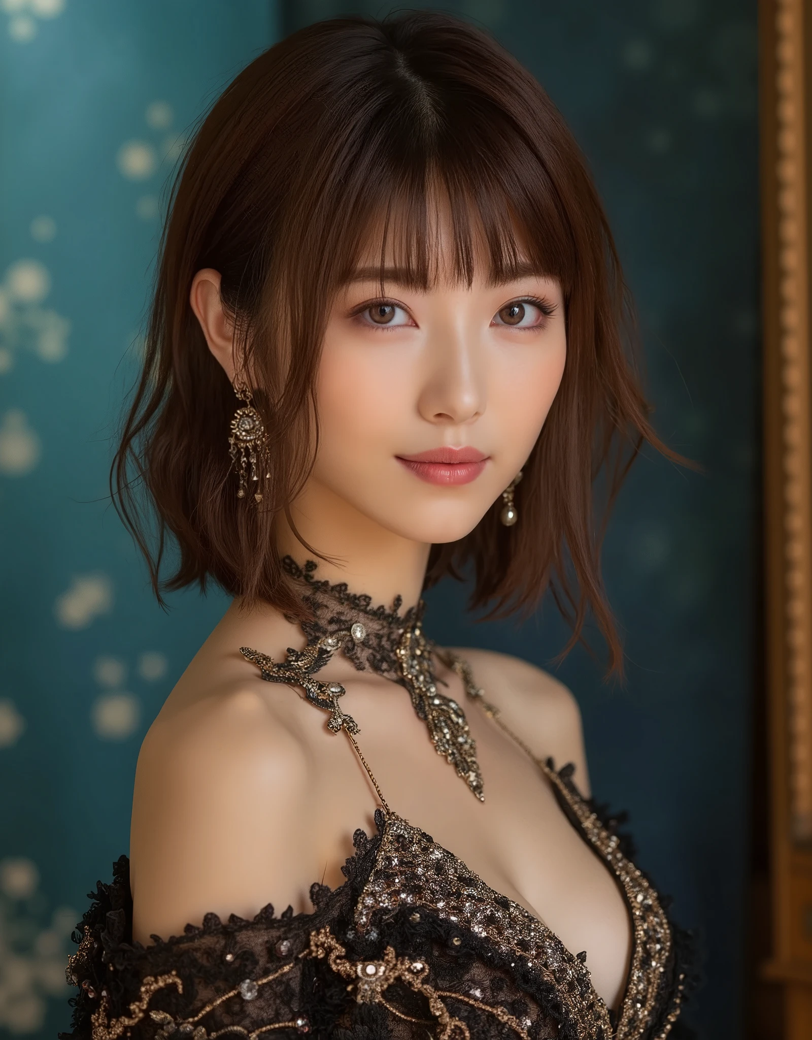 (8k, RAW photos, top quality, masterpiece: 1.2), ultra detailed, super resolution, (real photos: 1.37), portraits, high definition RAW color photos, professional photos, official art, highly detailed CG Unity 8k wallpapers, beautiful east-asian woman, highly detailed faces, Highly detailed eyes, highly detailed skin, Highly detailed nose, Highly detailed mouth, Perfect anatomy, Highly detailed background, Highly detailed clothing, realistic body, white skin, radiant skin,, brown hair, {short|long} hair, (blunt bangs:1.2), slight smile, Realistic Face, outfits with a daring design, Earrings, Camera Gaze, Cowboy Shot, Standing Figure, Dynamic Lighting,