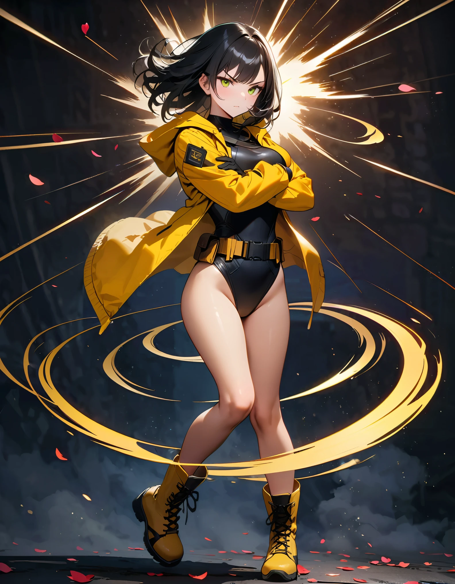 masterpiece, best quality, high res, 8k, 1 girl, solo, solo focus, full body shot, (black hair, medium hair, medium breasts, green eyes), ninja, perfect anatomy, cyberpunk style, ((load-bearing vest, belt, black gloves, (black leotard, yellow hooded jacket), bare legs, yellow combat boots, matching boots)), Japanese Garden backdrop, cowboy shot, (body induced with black aura:1.2), (fast spin, dynamic whirl pose, spins fast in place like a tornado:1.2), whirls fast in place like a tornado:1.2, tornado whirling, spiral lines around her:1.2, speed lines around her:1.2, storm winds around her, whirls into a tornado, (she whirls) at (super speeds)). full body costume design. she super-spins, whirlwind, dust particles, cherry blossom petals around her. crossed arms, serious expression