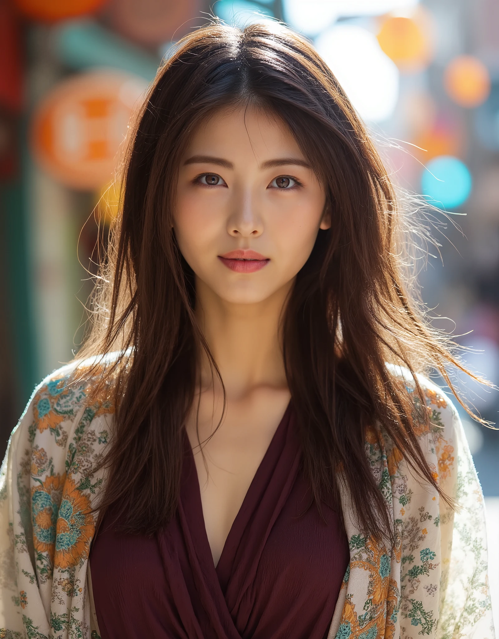 (UHD, masterpiece, anatomically correct, textured skin, super detail, best quality, highres, 8k, bloom, Front Light:1.2, Perfect dynamic composition),((action portrait)) ,((super slender))

A close-up portrait of an East Asian woman in a softly lit urban setting. She has long, flowing hair that is gently blown by the wind, with a warm and calm expression. She wears a dark maroon-colored top, with a deep V-neck, and draped over her shoulders is a light, floral-patterned shawl. The shawl features intricate designs in soft green, turquoise, and orange with floral motifs. The background is filled with colorful bokeh lights, creating a dreamy and vibrant atmosphere. The natural lighting accentuates her soft facial features, adding warmth and approachability, while the light breeze adds a sense of movement.