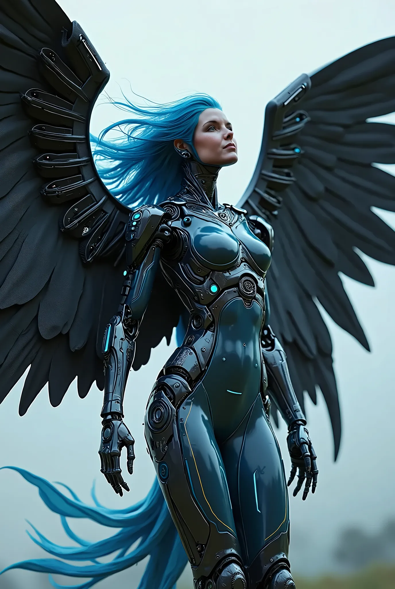 (((Portrait Face))),((Poitrait)),((Perfect Face)),((stunning face)),(Very big tits),((very detailed)) a black cybernetic Robert angel, erotic female Robert-Engel. Upper body and robot wings have circuits, Terminals, buttons and cables. Upper body and legs slim and perfect. The wings and upper body are black metallic. Blue elements and LED lights are everywhere. She has robot wings and you can see tubes, gears, cables and many small detailed springs. Their wings are very large. wing large. Blue stunning hair. very long hair. big tits. She wears a very elegant dress. It looks like she is jumping down somewhere and the wind is blowing strongly through her hair, wings and dress. It looks as if she is leaning backwards in the air and with one hand is motioning for someone to come to her. You can easily see them from the side. She looks seductively into the camera. Man sieht Ihr Perfect Face und einen Teil Ihrer reisigen Flügel und Oberkörper