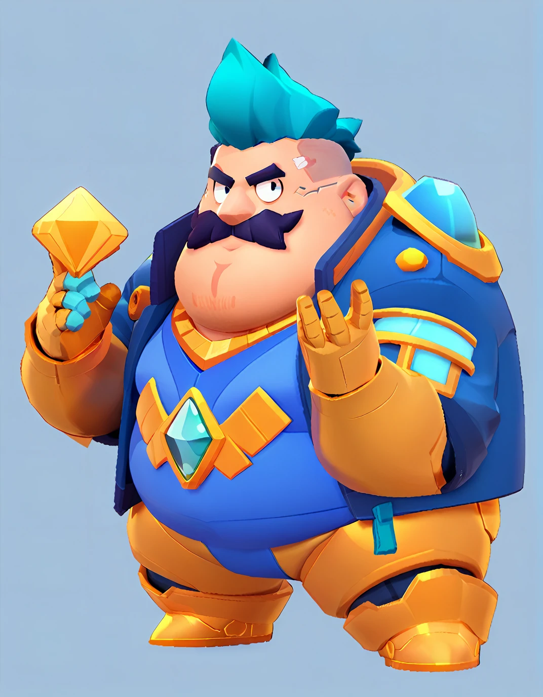 Full body view, an obese businessman, in a blue suit, blue cyberpunk hairstyle and blue mustache, in gold armor encrusted with diamonds, brawl