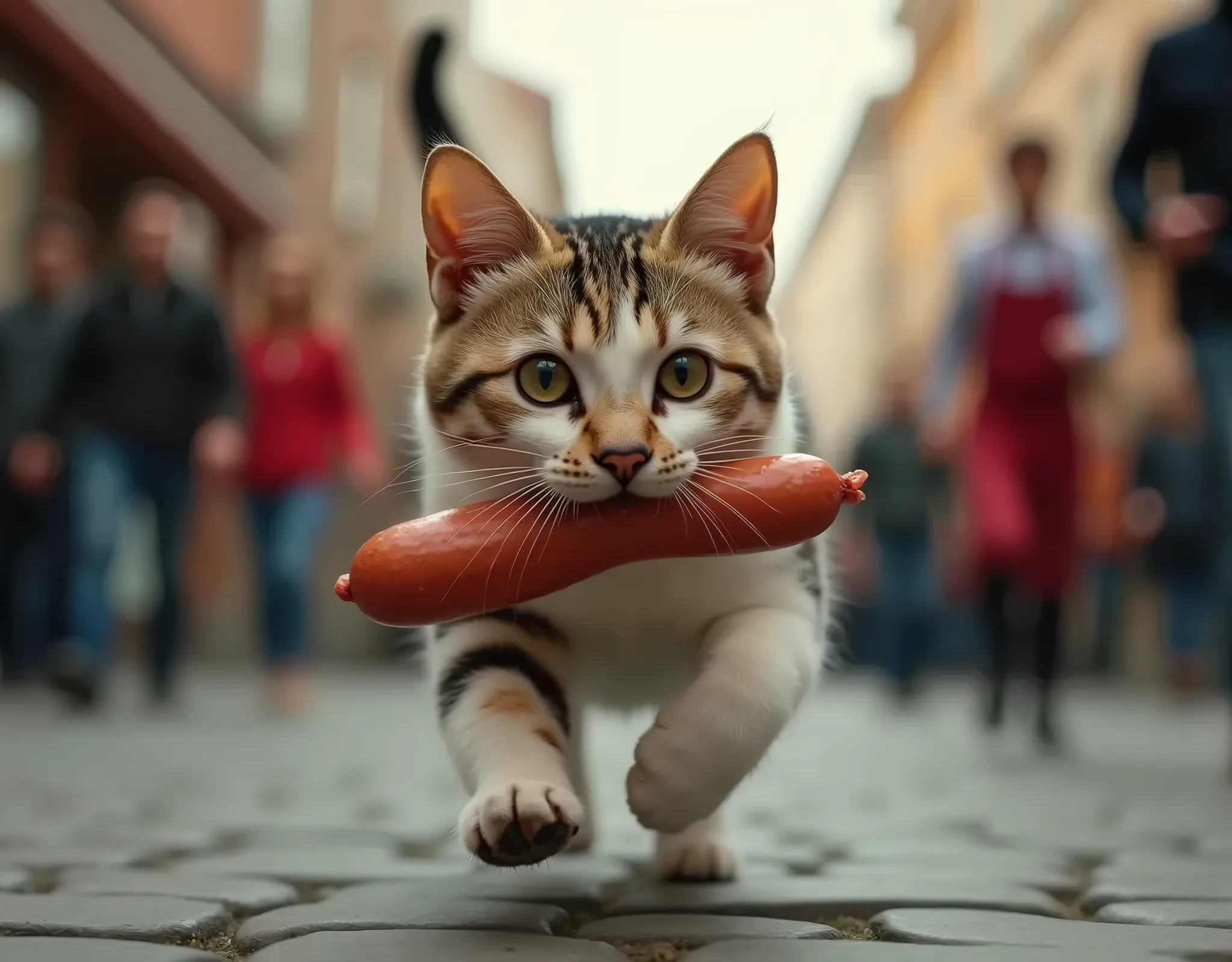 (photorealism:1.2), beautiful cat, running in street, a long sausage in mouth, a disperate bucher man chasing the cat, street full of people, detailed features, ultra realistic, tilt view, long sausage strip down the street behind the puss, a butcher in an apron chases the little thief.