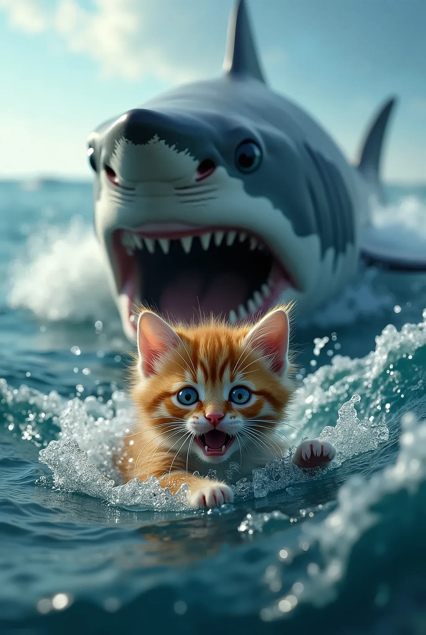 a kitten fall in the sea  and a shark is coming to eat them