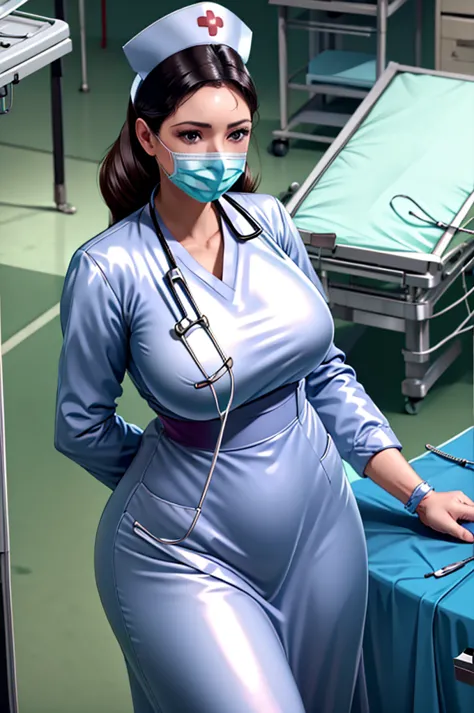 nurse uniform,hospital, latex nurse suit,nurses,busty,elbow gloves,labcoat,black hair woman,red eyes , gigantic ,medical instrum...