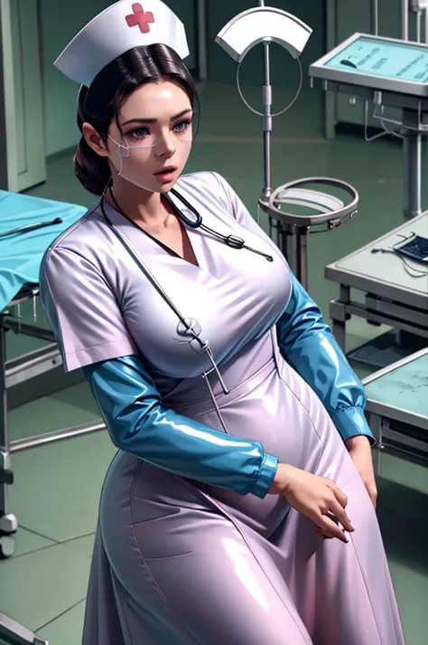 nurse uniform,hospital, latex nurse suit,nurses,busty,elbow gloves,labcoat,black hair woman,red eyes , gigantic ,medical instrum...