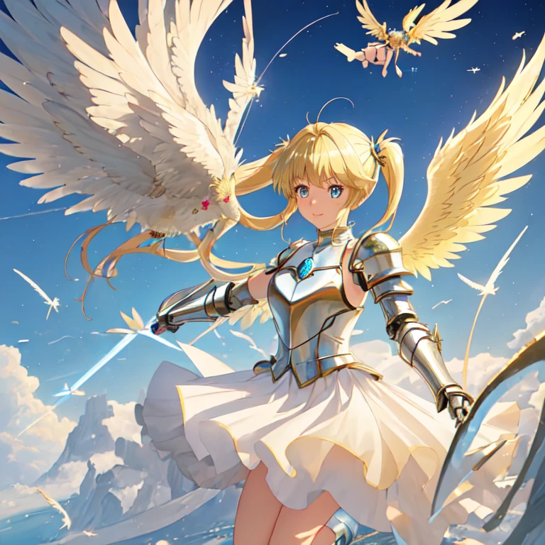 (((8k,masterpiece,Best Quality))), Highly detailed CG synthesis，Maxi Kit, whole body, Wide Shot,break、(((Cute angel flying in the blue sky))), Fantasy, Big angel wings, ,(blonde:1.6)，眩しいハイライトが入ったblondeの髪、Shiny bright hair, ,Long Hair,,Twin tails、Detailed face，Attractive big blue eyes，Shining fine eyes，Charming smile，Beautiful Skin，Lens Flare,A girl with angel wings and a sword, Angel Knight Girl,Beautiful angel witch, Highly detailed Artgerm, Detailed digital 3D art（（Ultra-realistic, Vivid 3D））， Dragon Warrior Girl，Dynamic action poses for battle scenes， Extremely complex and heavy fighter aircraft mechanical armament，Vice President of Lunes,, Single Armor, Decorative blue armor, Armor dress, （Winged Helmet）, Shoulder rest, Gauntlet, Shin guards,（Wields a giant turquoise energy sword:1.3),Very dramatic and cinematic lighting。Beautifully detailed backgrounds, Beautifully detailed backgrounds, (In the blue sky above the clouds 1.3), ((Two big, Shining Wings:1.3),(flight:1.5)