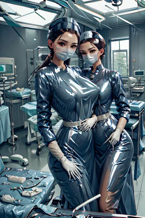 nurse uniform,hospital, latex nurse suit,nurses,busty,elbow gloves,labcoat,black hair woman,red eyes , gigantic ,medical instrum...