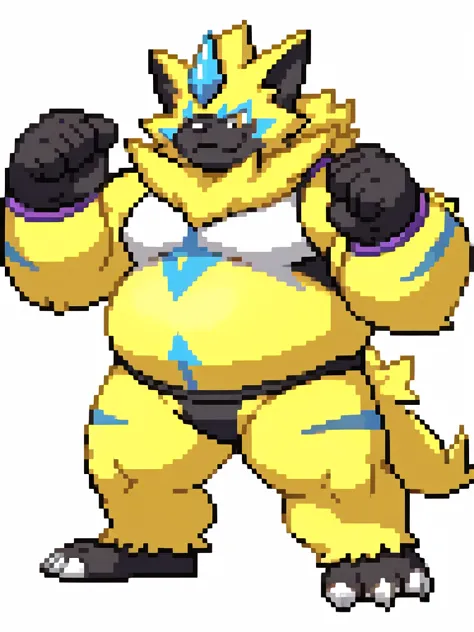 Standing pose,solo，male people，chubbiness，small fat，Bare-chested， solo， Detailed pubic hair， A high resolution，， tmasterpiece，Excessive obesity，Obesity in the extremities，foot in the air，Correct body proportions，overweight，roadhog，proportions，overweight,black nose,zeraora,yellow zeraora,pixel sprite,pro wrestler, pro wrestler 