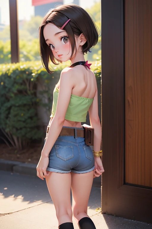 Very young very ，Elementary school girl, Very short stature:1.2，Child body type，Baby Face，Flat Chest, Small round ass，Very thin thighs，Very short legs，Pink tube top, Tight denim shorts，Black Stockings，Tight Roll, 8k, Black Hair, Green, High resolution, detailed, Full body portrait ，Cunning gestures，