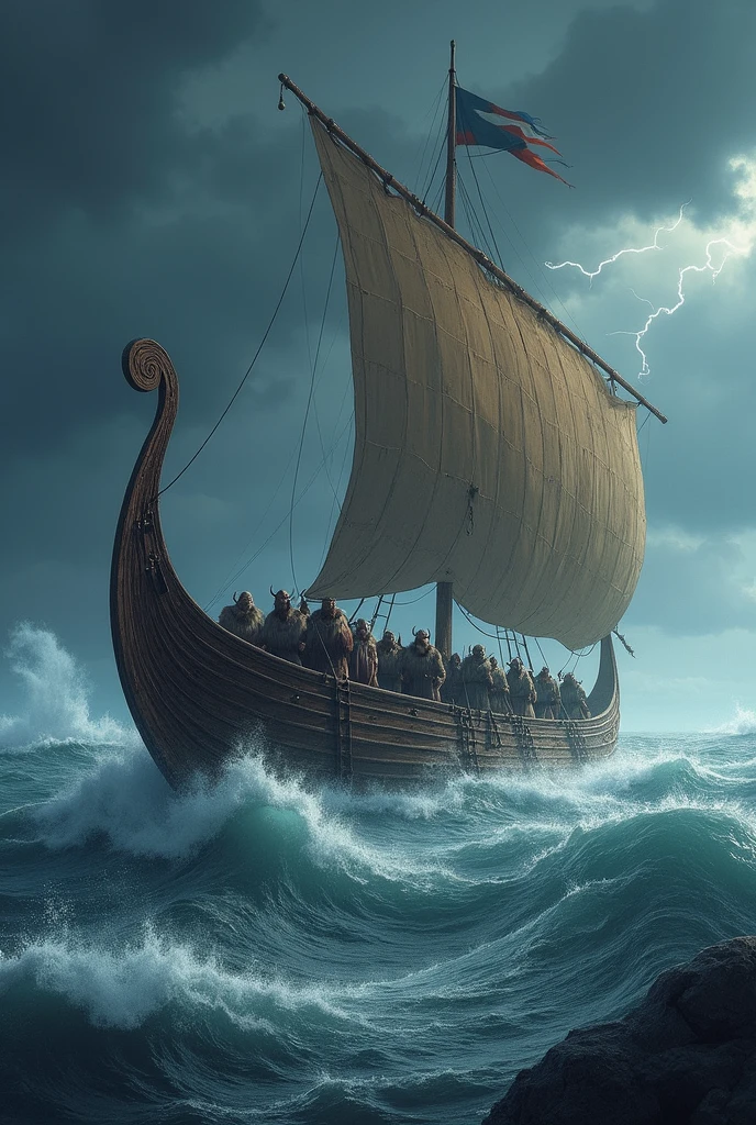 {
  "size": "1024x1024",
  "prompt": "A Viking longship sailing through stormy seas, with massive waves crashing against the wooden hull. The crew is made up of fierce-looking warriors, wearing fur cloaks and helmets with horns. Dark clouds fill the sky, and lightning strikes in the distance."
}
